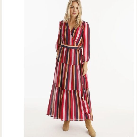 XIRENA Tilda Silk Cotton Blend Multi-Color Striped Long Sleeve Wrap Dress XS - Picture 1 of 12